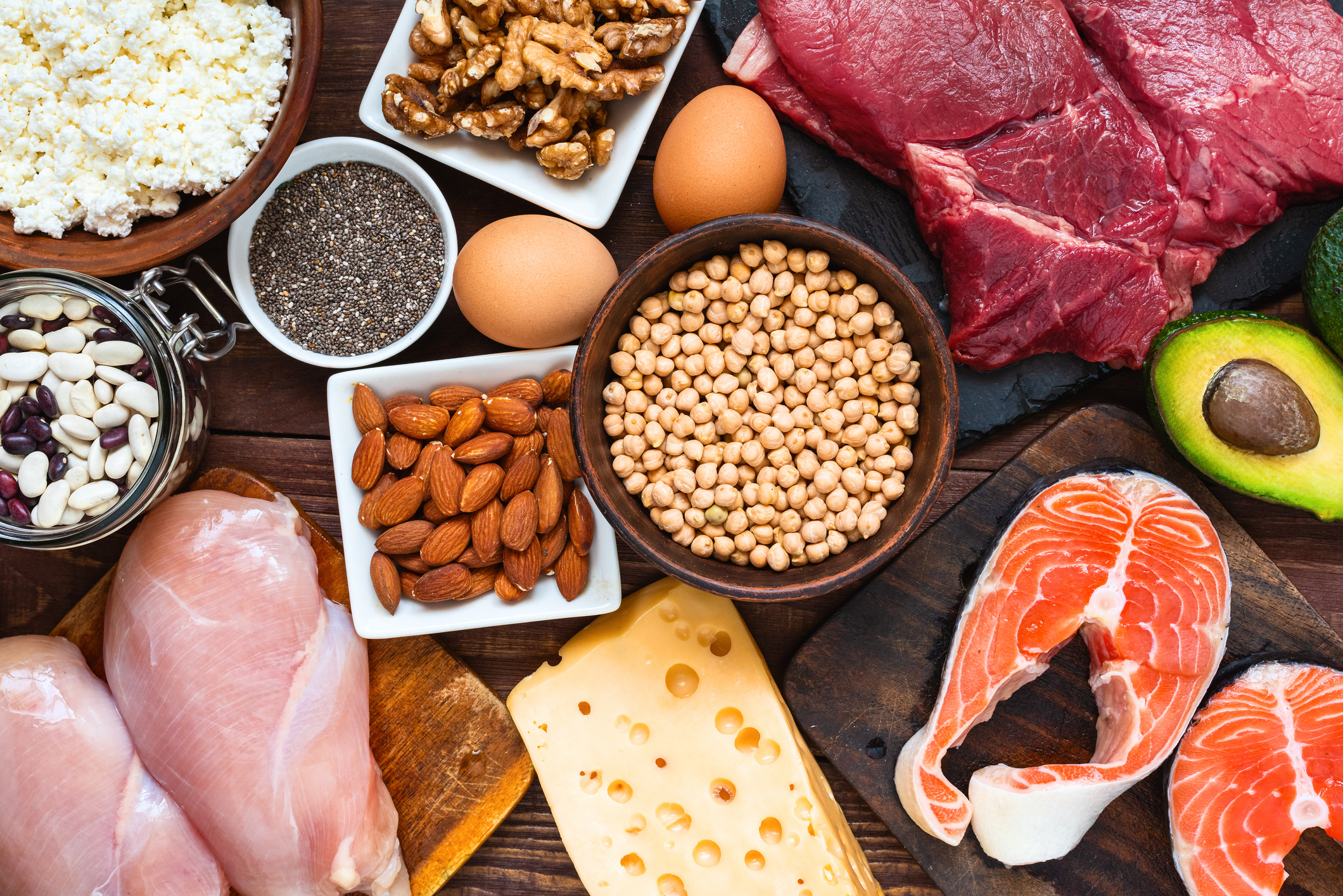 High protein food. Fish, meat, poultry, nuts, cheese, eggs, seeds and dairy products. Vegetable and animal protein. Healthy eating and balanced food concept. Keto and low carb diet. Top view.
