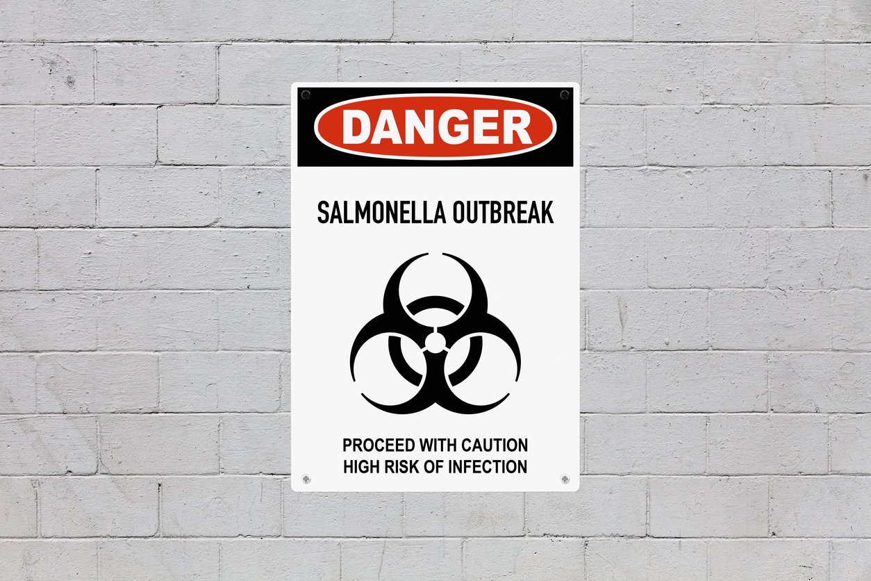 Warning sign screwed to a brick wall to warn about a health hazard. In the middle of the panel, there is a biohazard symbol and the message is saying "Danger, salmonella outbreak. Proceed with caution, high risk of infection".